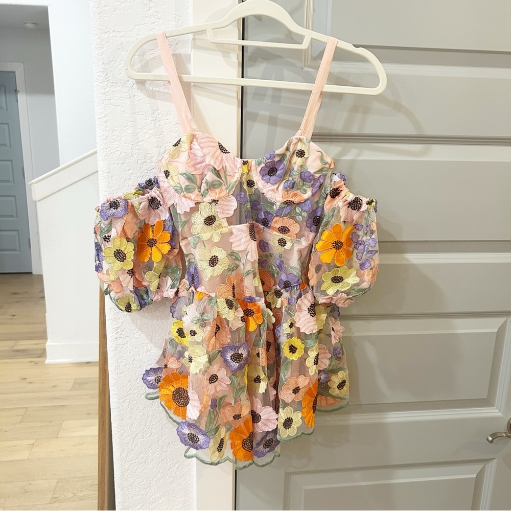 NWT For Love & Lemons Prato Flower Floral Appliqué Mini Dress - Picture 8 of 13